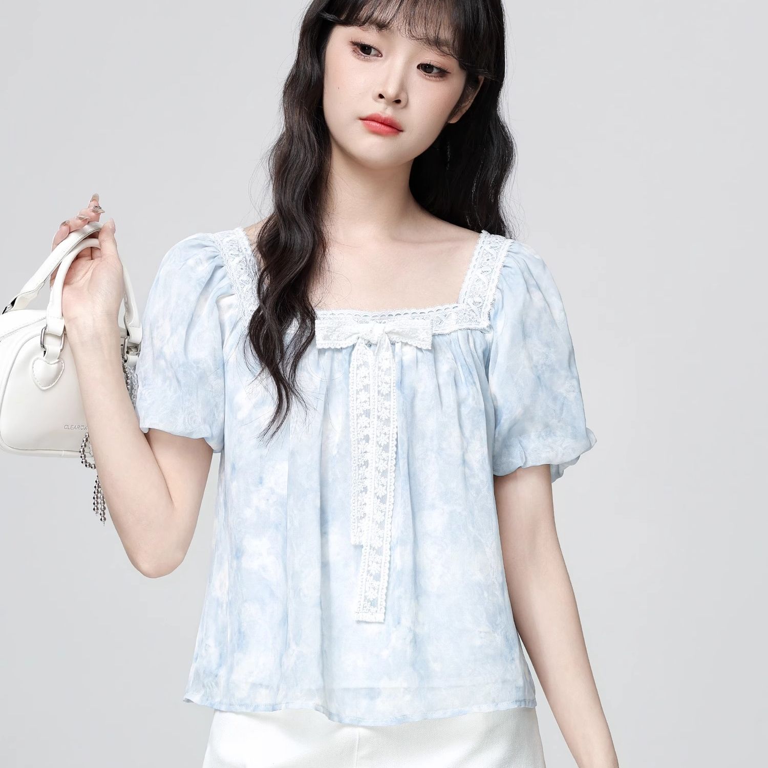 MY11839# 法式蝴蝶结短袖衬衫女夏2025夏季新款方领泡泡袖娃娃衫衬衣短上衣