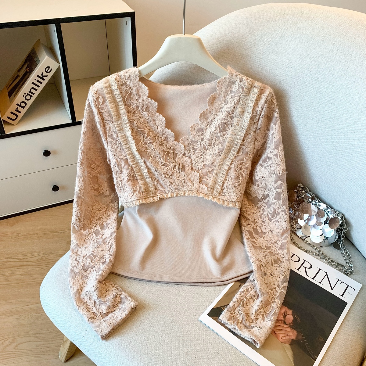 MY15986# 韩版V领蕾丝拼接小众长袖衬衫女宽松开衫打底衫气质上衣女裝貨源服裝批發