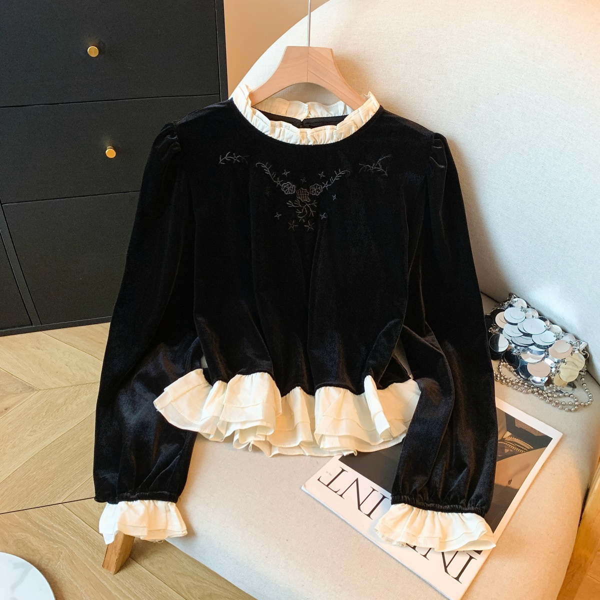 MY15984# 刺绣丝绒长袖衬衫新款木耳边圆领拼接打底衫上衣潮女裝貨源服裝批發