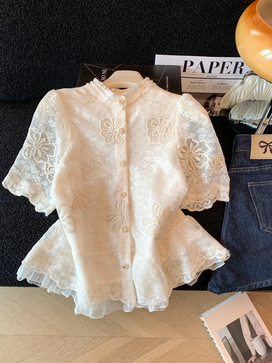 法式宮廷風木耳邊刺繡蕾絲襯衫女夏季高級感疊穿內搭顯瘦氣質上衣
