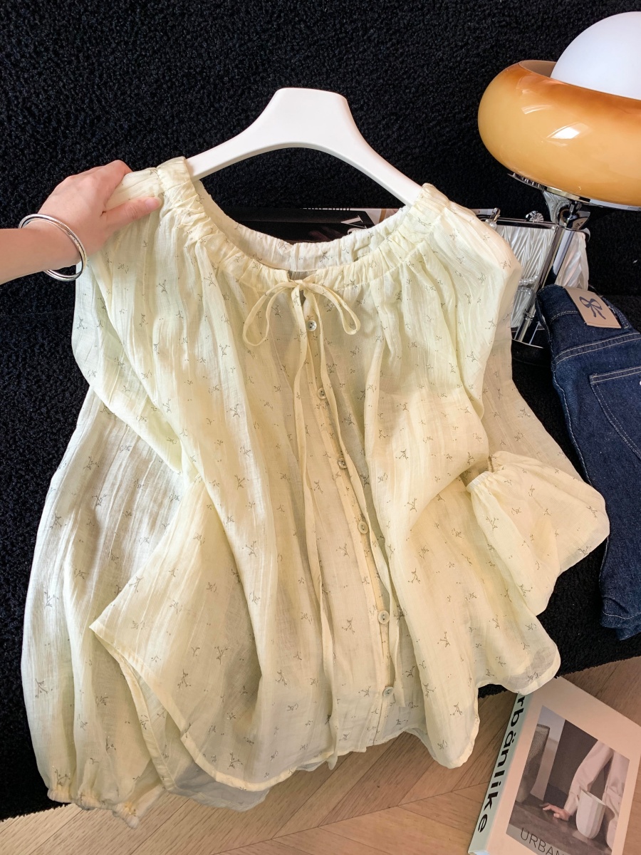 法式甜美風藍色碎花泡泡袖襯衫女夏季小清新系帶寬松減齡圓領上衣