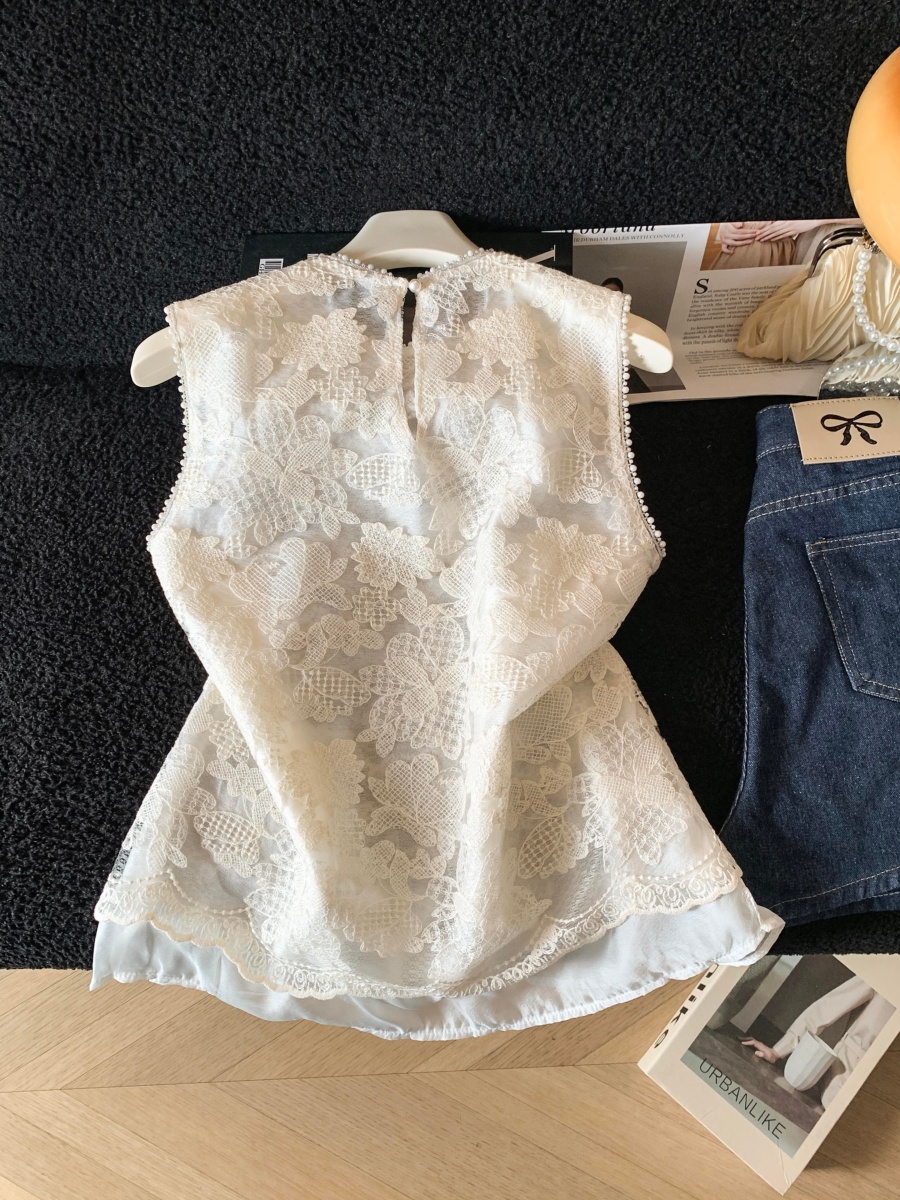 實拍釘珠蕾絲刺繡無袖襯衫女夏季2026新款新中式假兩件背心娃娃衫
