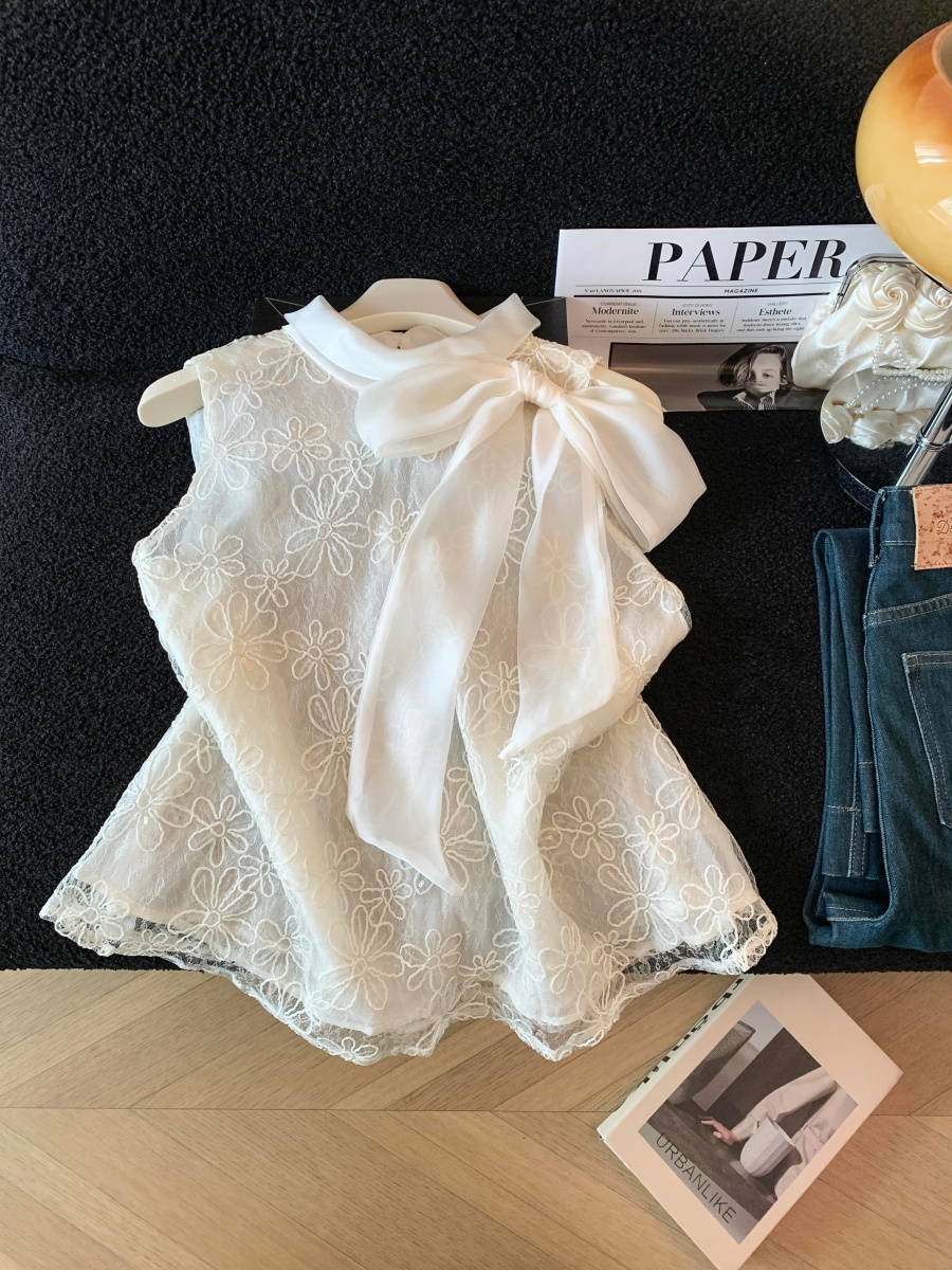 實拍溫柔風蝴蝶結無袖蕾絲衫女夏季網紗刺繡上衣氣質襯衫