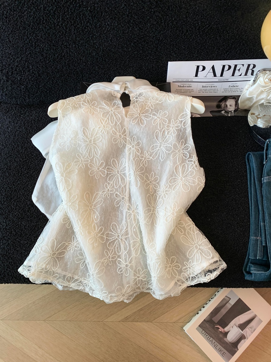實拍溫柔風蝴蝶結無袖蕾絲衫女夏季網紗刺繡上衣氣質襯衫