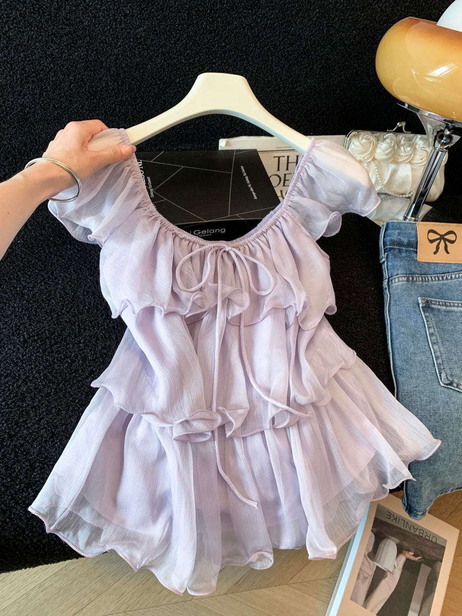 實拍荷葉邊短袖V領小飛袖襯衫女夏季法式溫柔慵懶風寬松顯瘦上衣
