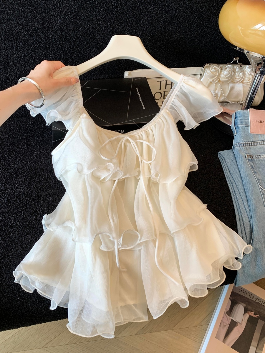 實拍荷葉邊短袖V領小飛袖襯衫女夏季法式溫柔慵懶風寬松顯瘦上衣