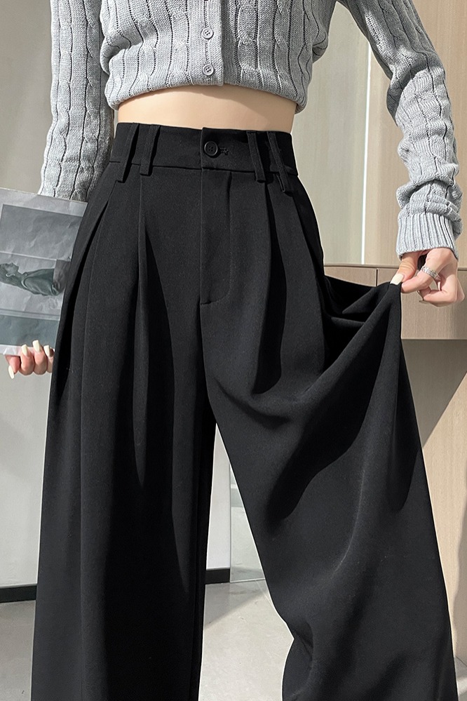 黑色西裝闊腿褲女2026春夏新款高腰壓褶顯瘦直筒褲垂感窄版拖地褲