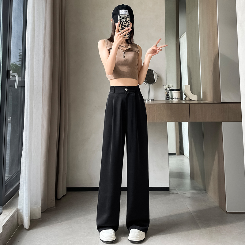 灰色窄版休閑褲女夏日薄款醋酸緞面闊腿褲高腰垂感防曬冰絲涼涼褲