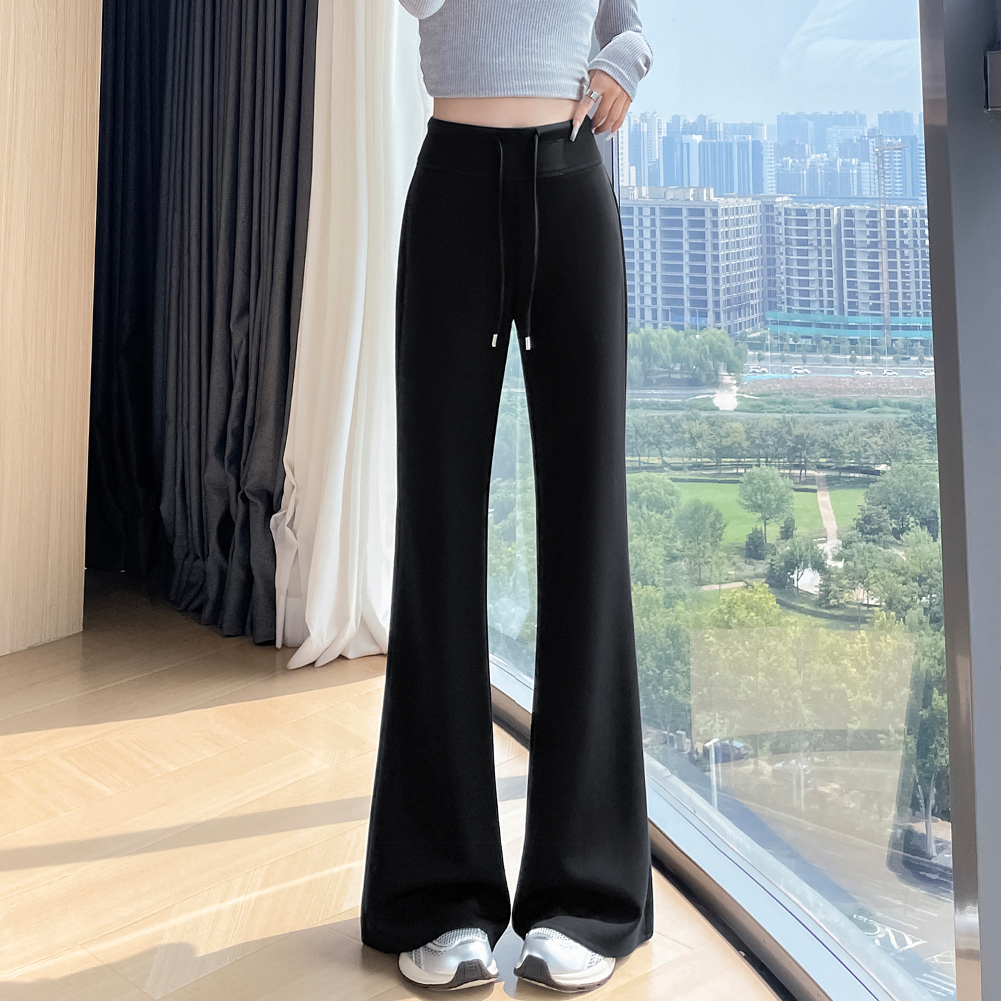 美式不貼腿針織微喇褲女春夏季新款喇叭運動休閑褲彈力修身瑜伽褲