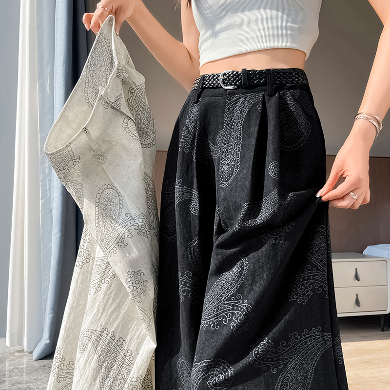復古腰果印花休閑褲女2026夏天薄款老錢風亞麻闊腿垂感顯瘦直筒褲