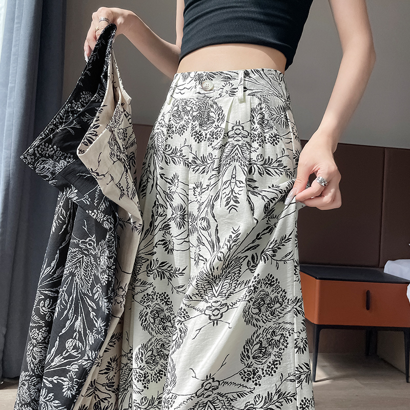 復古棉麻印花闊腿褲女夏季薄款寬松顯瘦褲子慵懶松弛感冰絲拖地褲
