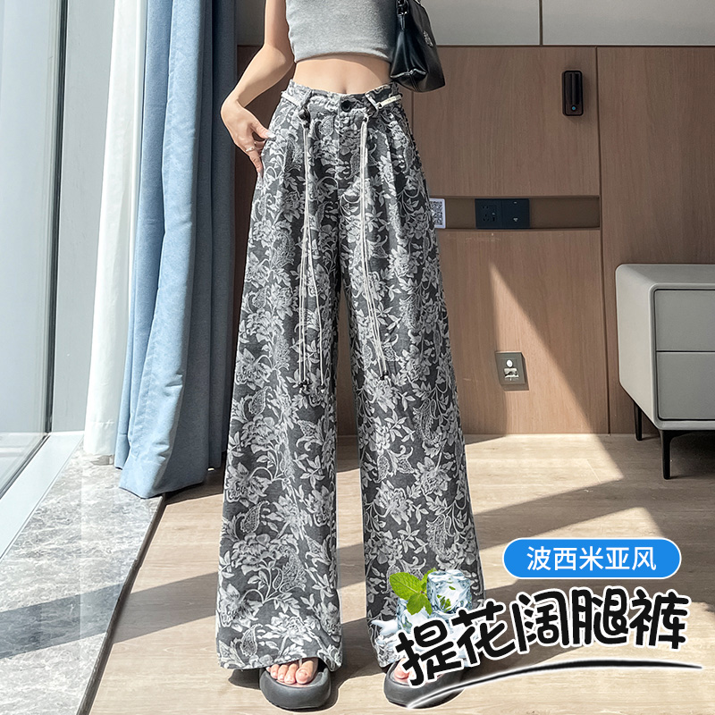 波西米亞風提花闊腿褲女2026夏季新款寬松復古亞麻印花休閑西裝褲