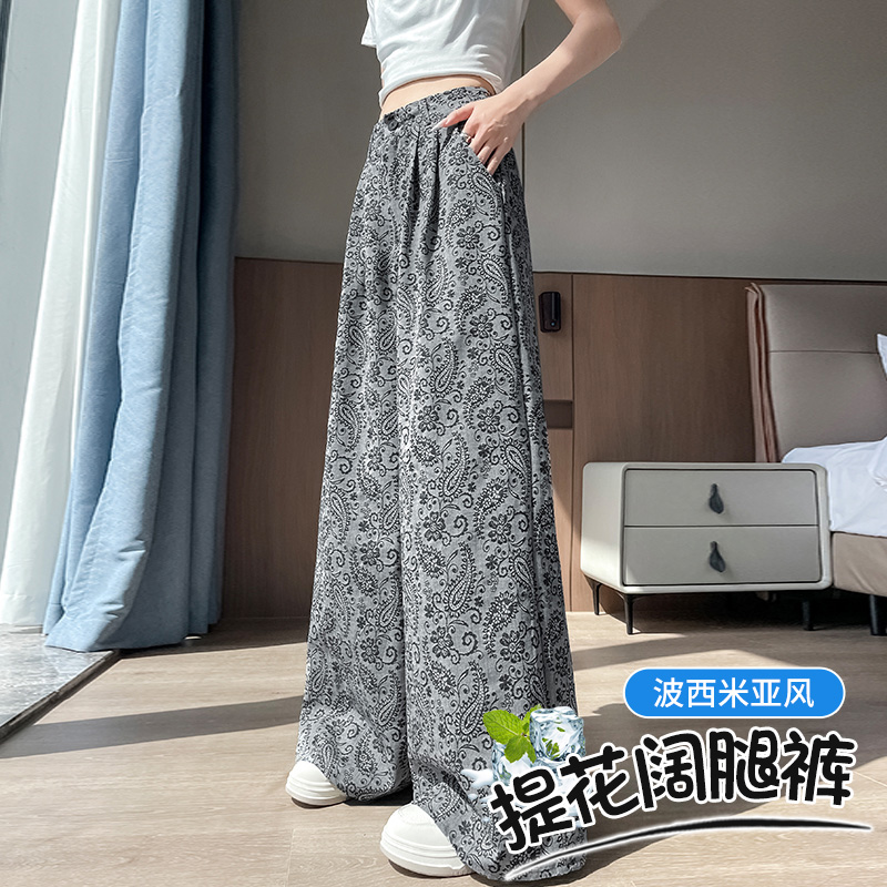 波西米亞風提花闊腿褲女2026夏季新款寬松復古亞麻印花休閑西裝褲