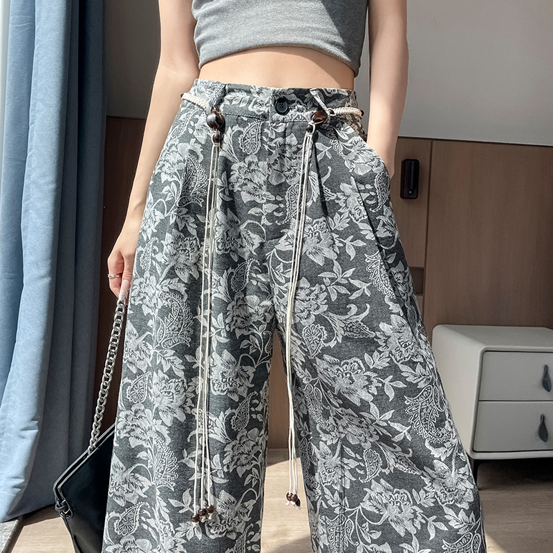 波西米亞風提花闊腿褲女2026夏季新款寬松復古亞麻印花休閑西裝褲