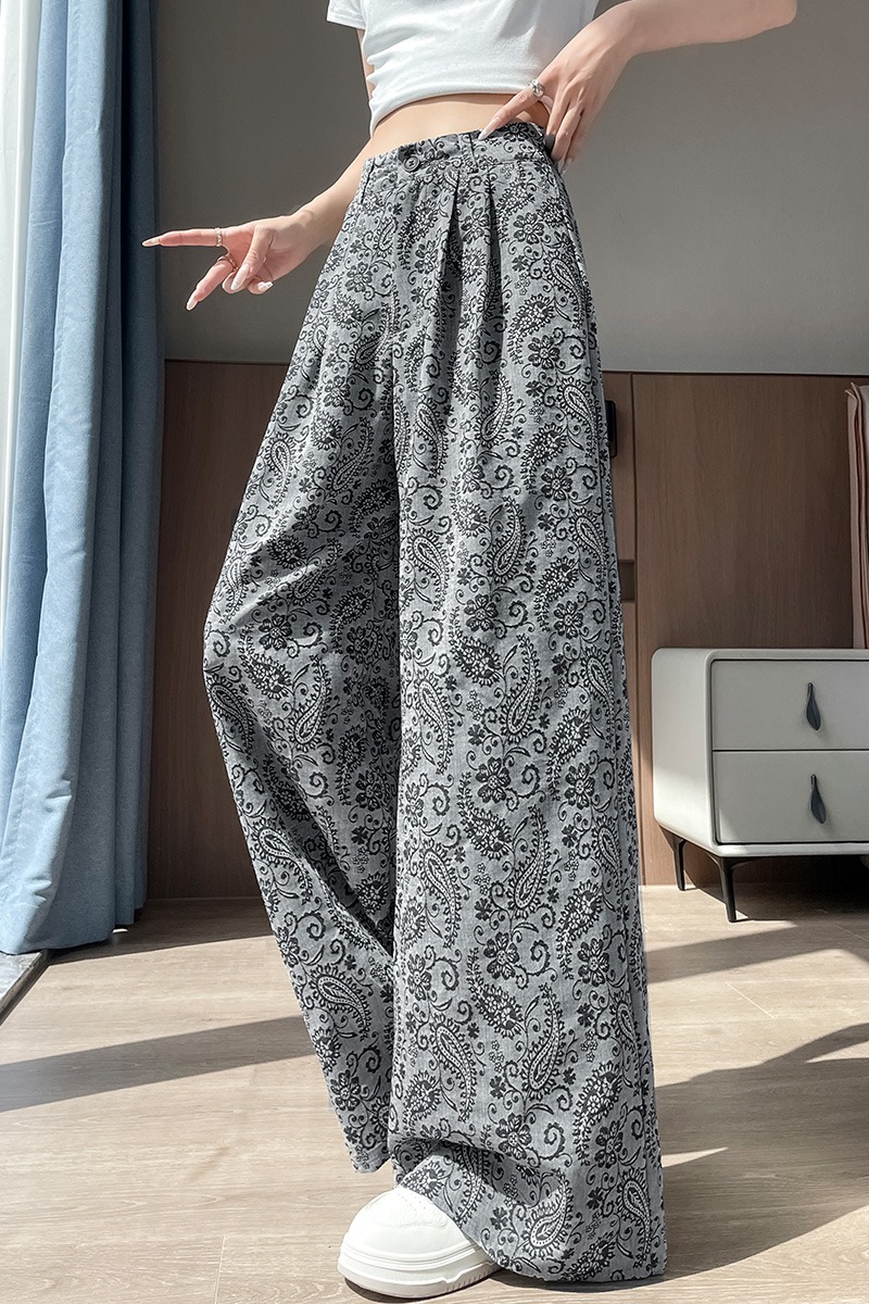 波西米亞風提花闊腿褲女2026夏季新款寬松復古亞麻印花休閑西裝褲