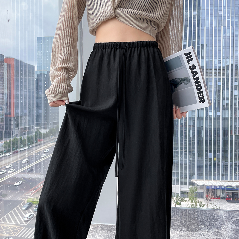 抽繩休閑闊腿褲女2026春夏新款水洗棉直筒褲高腰慵懶風寬松拖地褲