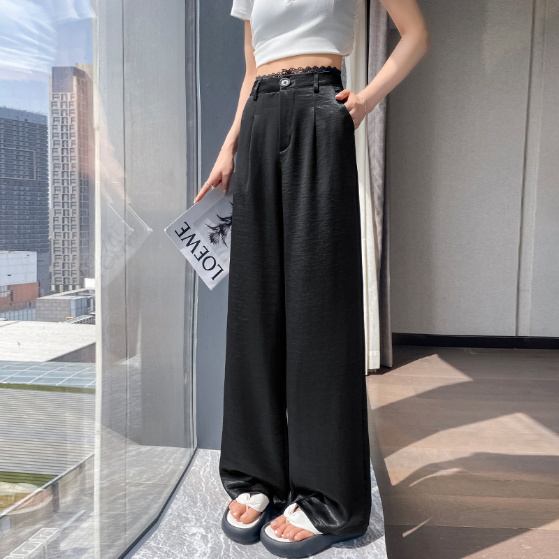 冰絲醋酸緞面闊腿褲女2026年夏季新款高腰蕾絲拼接休閑直筒西裝褲