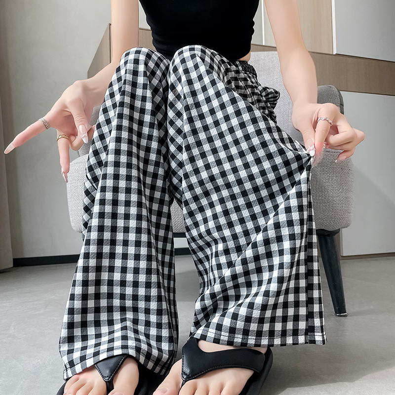 韓系格子闊腿褲女2026夏日薄款冰絲棉麻休閑褲寬松慵懶直筒拖地褲