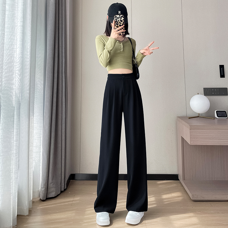 灰色窄版西裝闊腿褲女春夏新款高腰寬松遮肉顯瘦休閑垂感直筒長褲