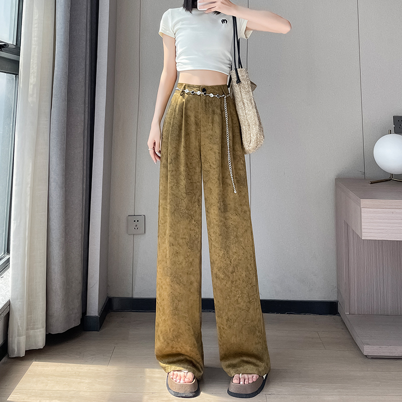 國風醋酸緞面闊腿褲女夏天新款高腰休閑褲復古扎染垂感寬松直筒褲