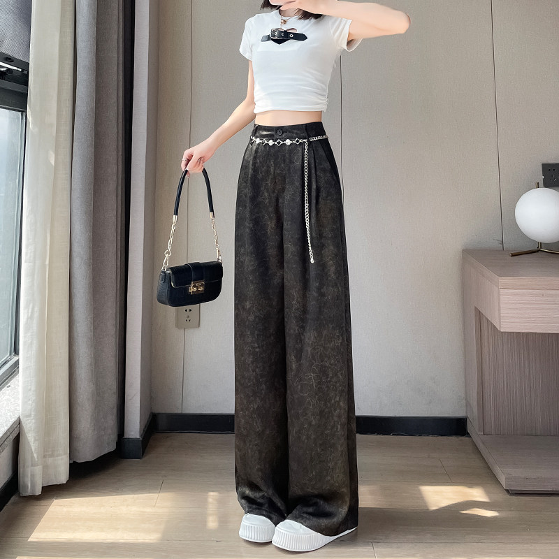 國風醋酸緞面闊腿褲女夏天新款高腰休閑褲復古扎染垂感寬松直筒褲