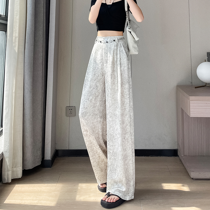 國風醋酸緞面闊腿褲女夏天新款高腰休閑褲復古扎染垂感寬松直筒褲