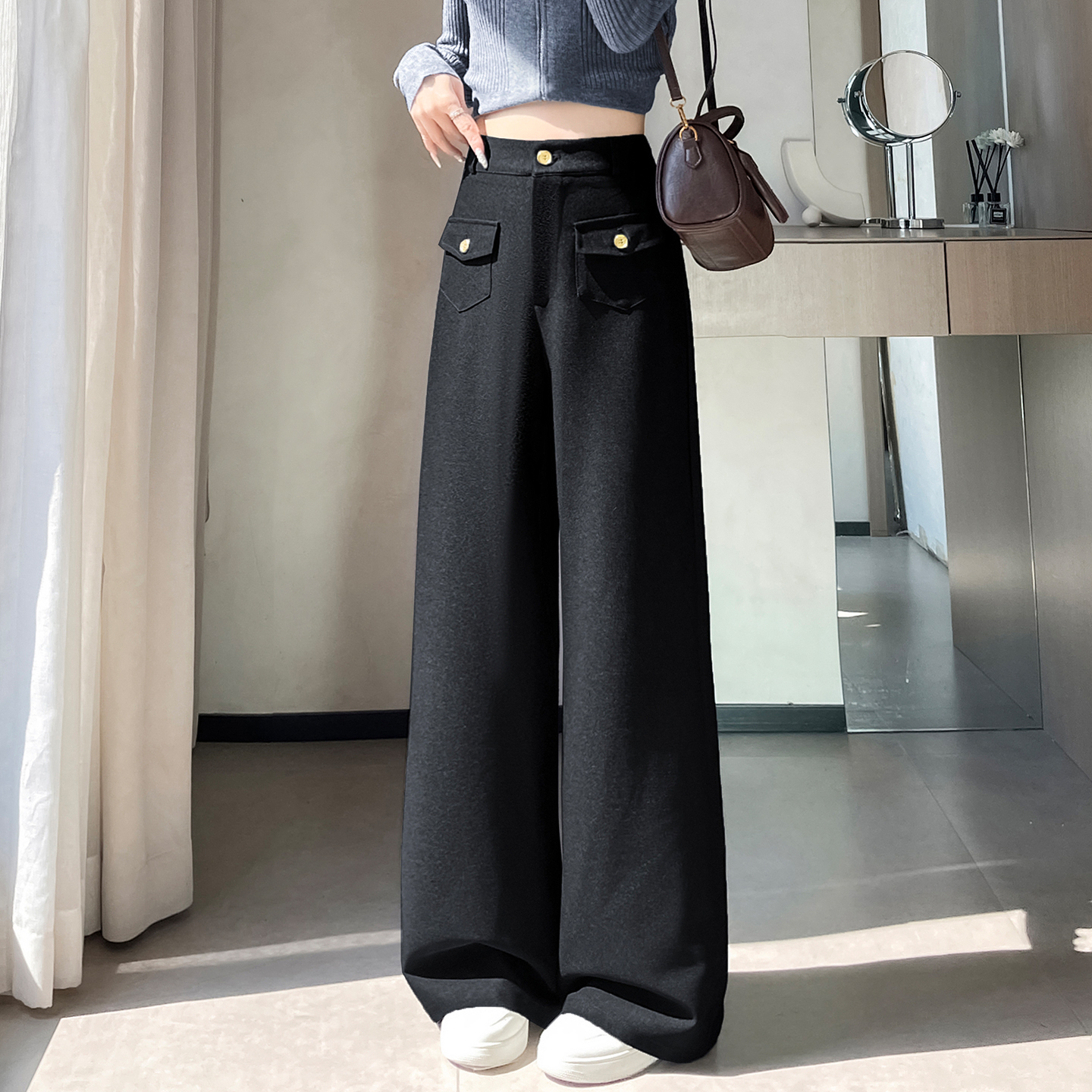 高級感窄版闊腿西裝褲女春夏新款高腰垂感休閑直筒慵懶松弛感褲子