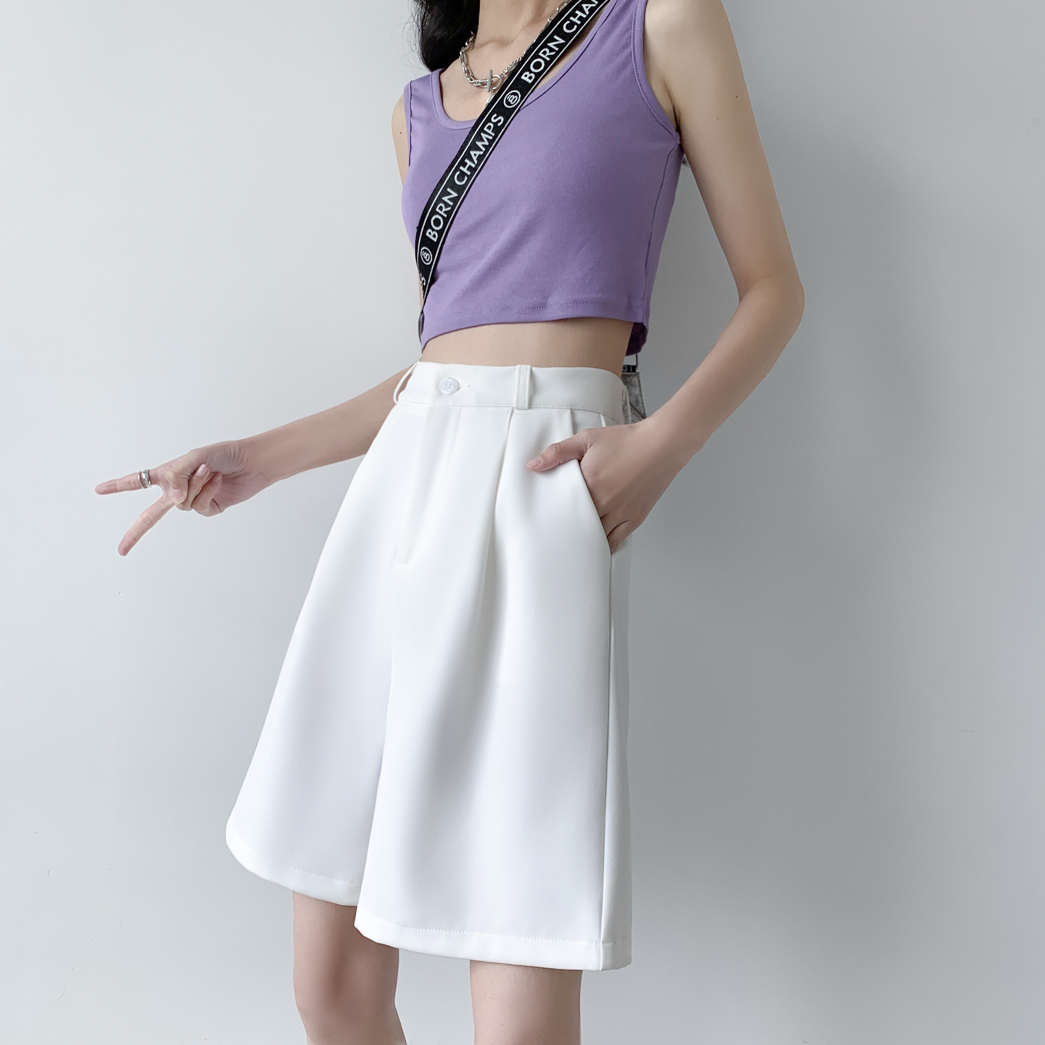 休閑西裝短褲女2026夏季輕薄透氣寬松闊腿中褲高腰直筒a字五分褲