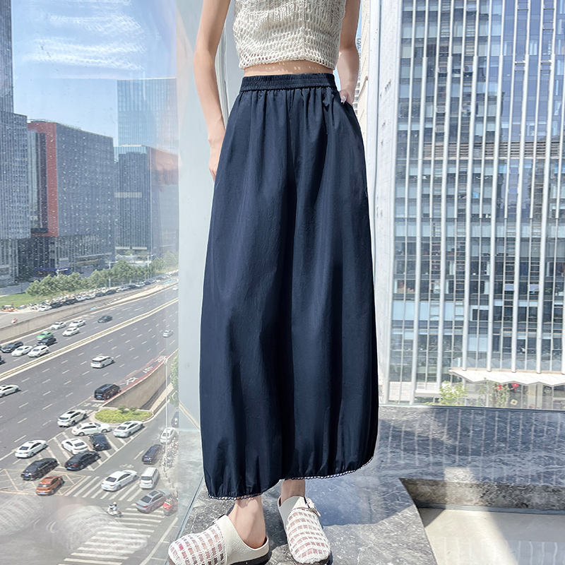 冰絲九分闊腿氣球褲女夏季薄款防曬速干空調褲蕾絲拼接休閑燈籠褲