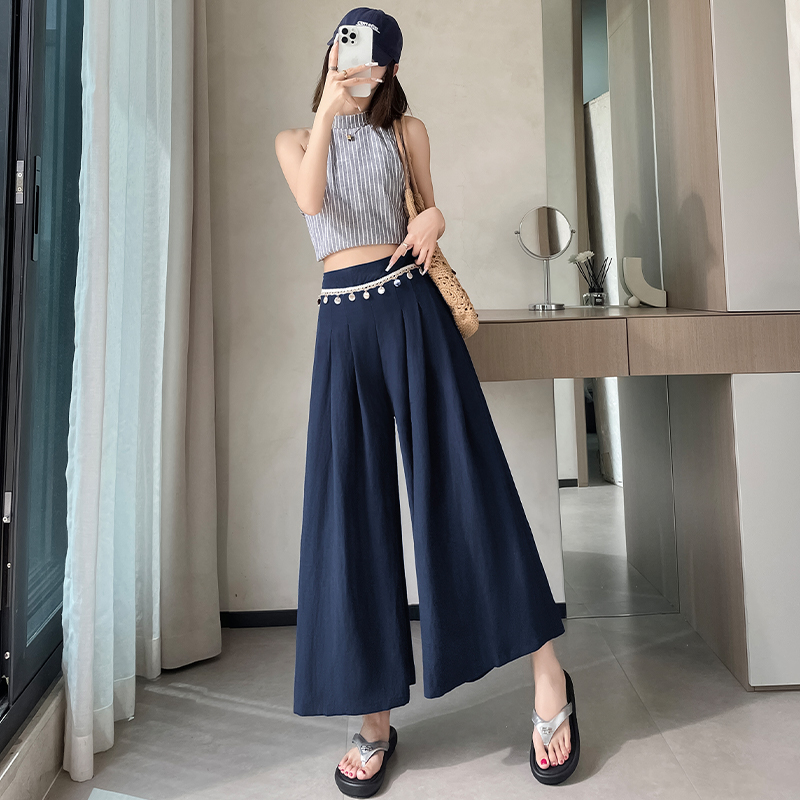 白色亞麻休閑闊腿褲女夏日薄款波西米亞拼接垂感寬松九分山本褲裙