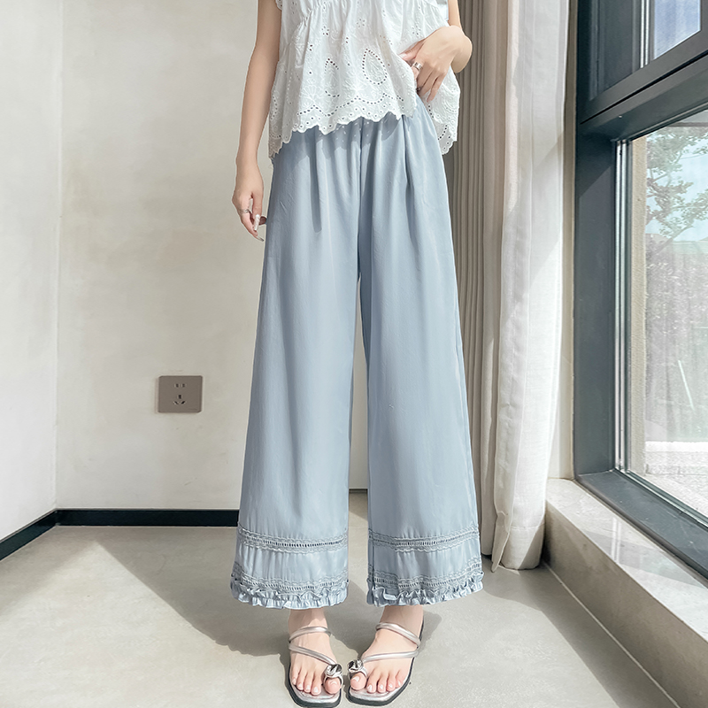 白色冰絲九分闊腿褲女夏季新款寬松休閑小個子甜美花邊直筒褲