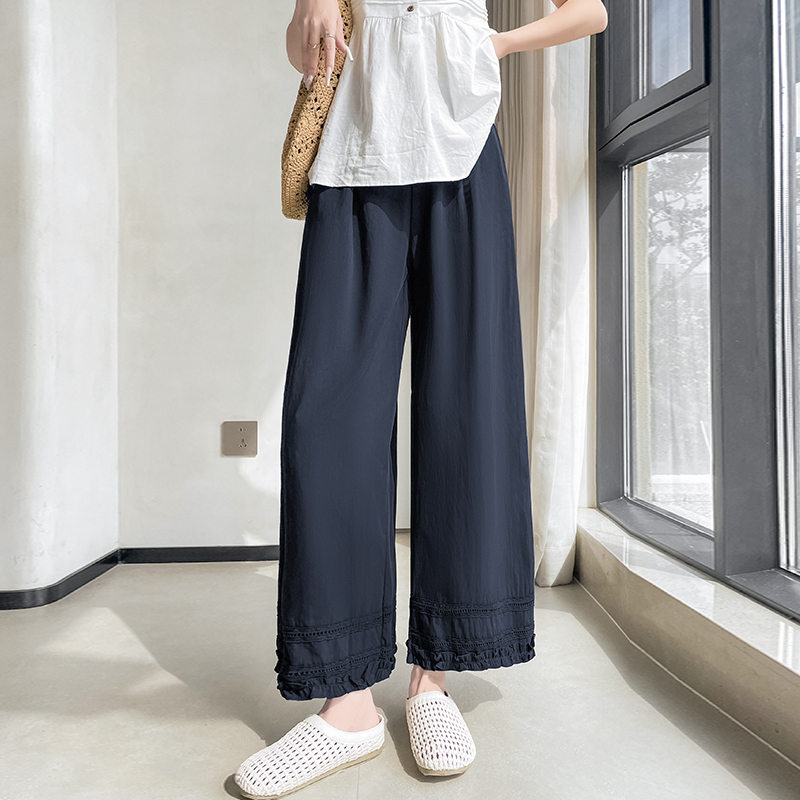白色冰絲九分闊腿褲女夏季新款寬松休閑小個子甜美花邊直筒褲