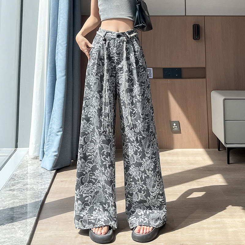 復古印花闊腿褲女夏季2026年新款波西米亞碎花寬松棉麻休閑直筒褲