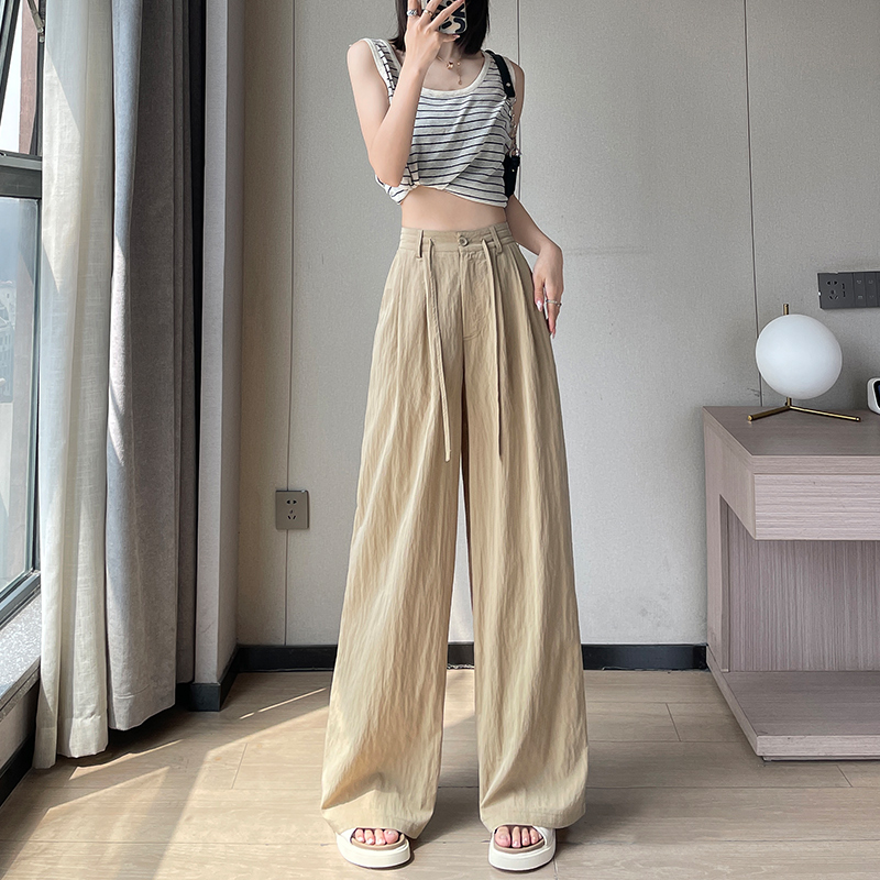冰絲肌理感闊腿褲女夏日薄款防蚊防曬棉麻休閑褲慵懶感寬松直筒褲