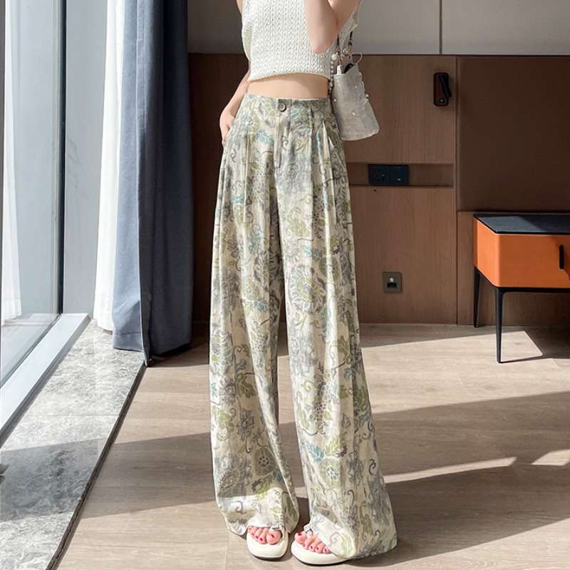 復古印花扎染棉麻闊腿褲女2026夏日新款松馳感顯瘦垂感休閑直筒褲