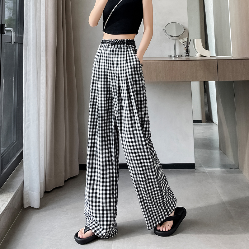 冰絲格子闊腿褲女2026年夏天薄款慵懶風時尚休閑寬松直筒拖地褲子
