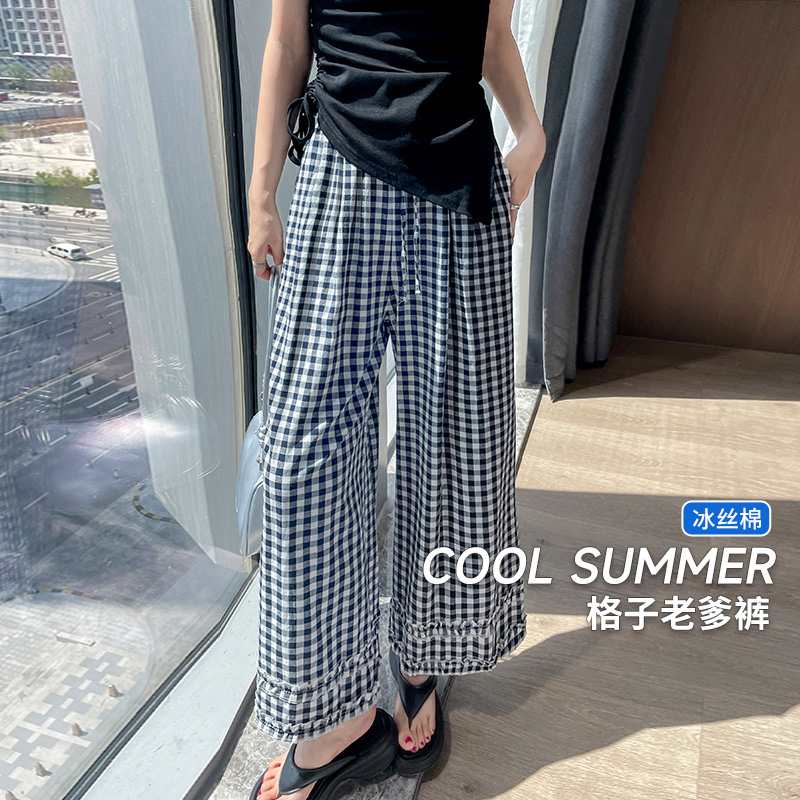藍色格紋闊腿褲女夏季薄款冰絲棉垂感寬松休閑褲木耳邊拼接九分褲
