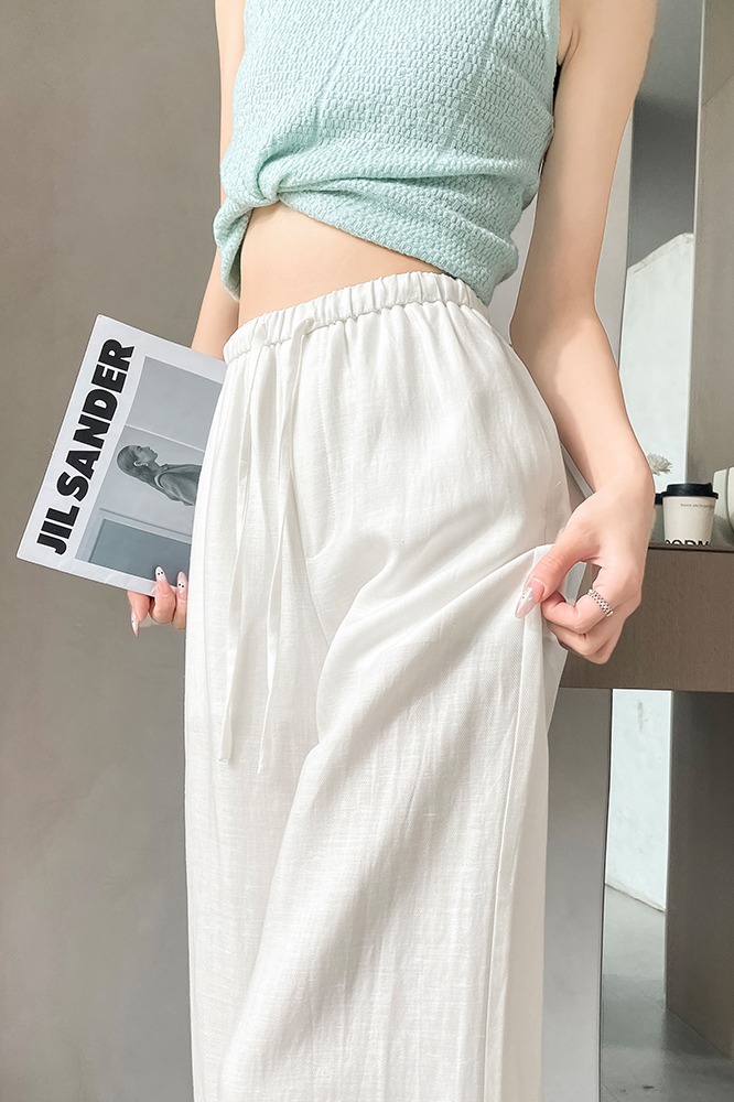 窄版亞麻闊腿褲女夏季新款高腰垂感直筒褲薄款防透冰絲棉麻休閑褲