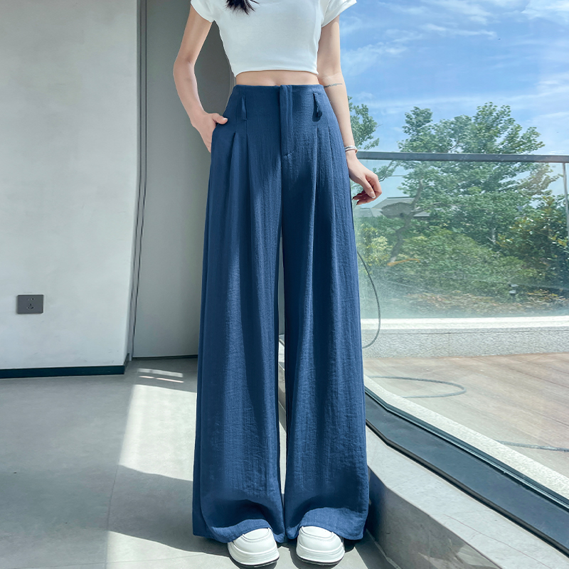 夏季薄款棉麻闊腿褲女冰絲慵懶松弛西裝褲時尚高腰垂感休閑直筒褲