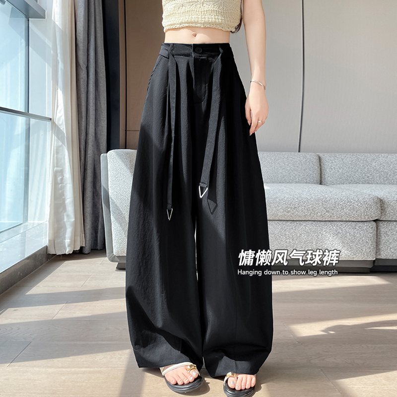 韓系送腰帶白色休閑褲女夏季新款冰絲闊腿彎刀褲慵懶風寬松氣球褲