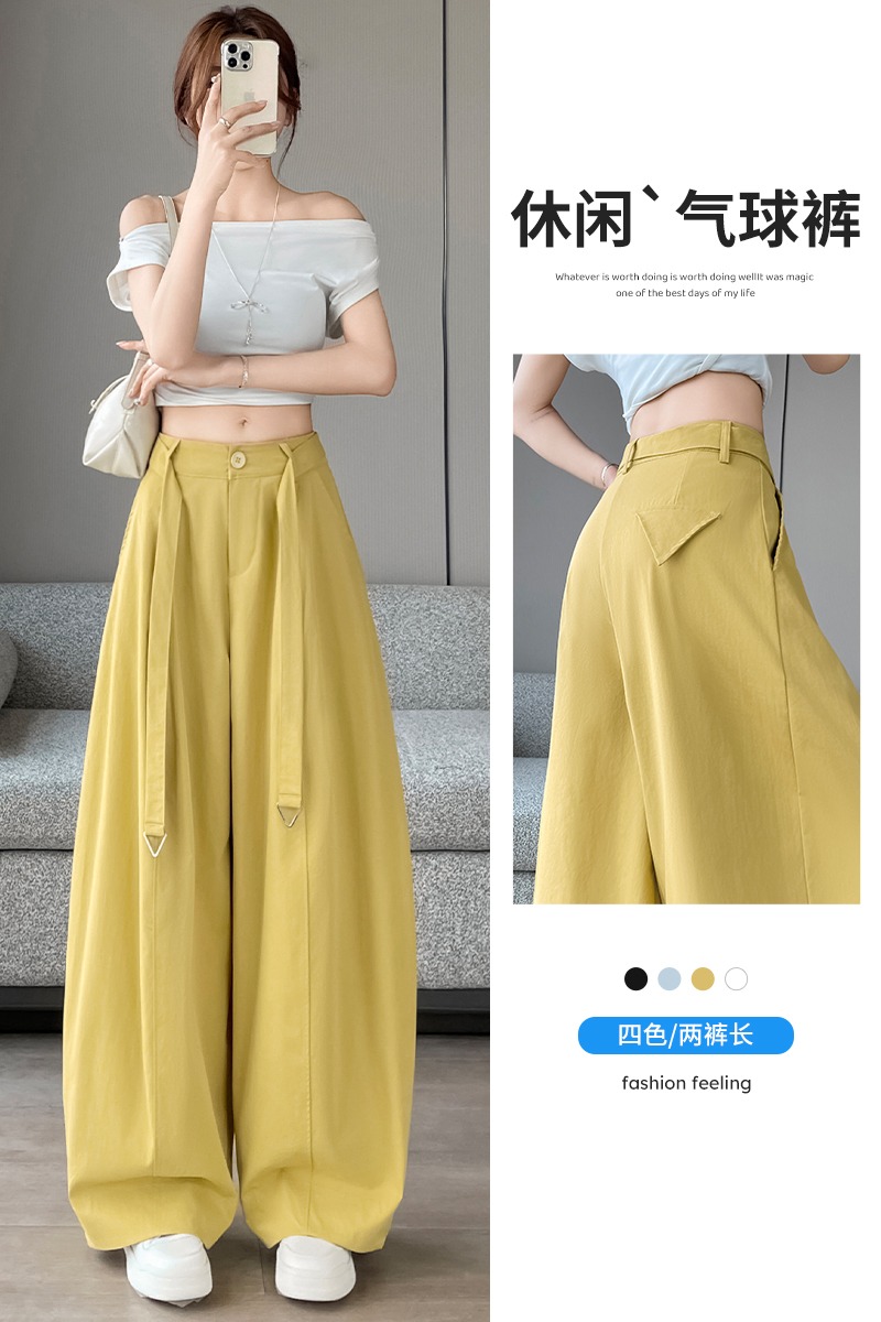 韓系送腰帶白色休閑褲女夏季新款冰絲闊腿彎刀褲慵懶風寬松氣球褲