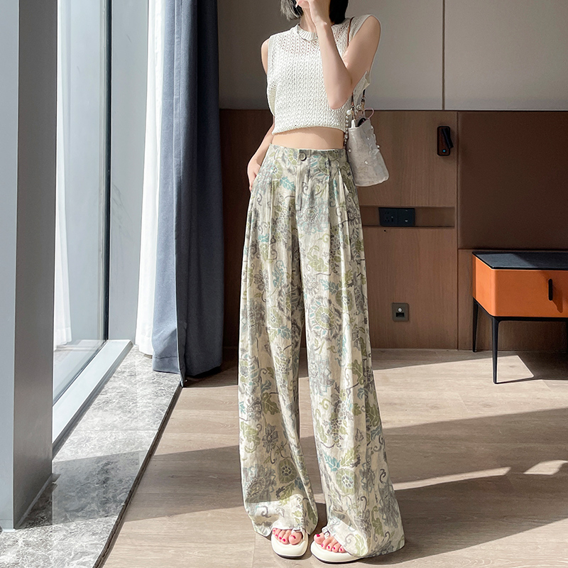 復古印花亞麻闊腿休閑褲女2026夏季新款高腰寬松慵懶風直筒拖地褲