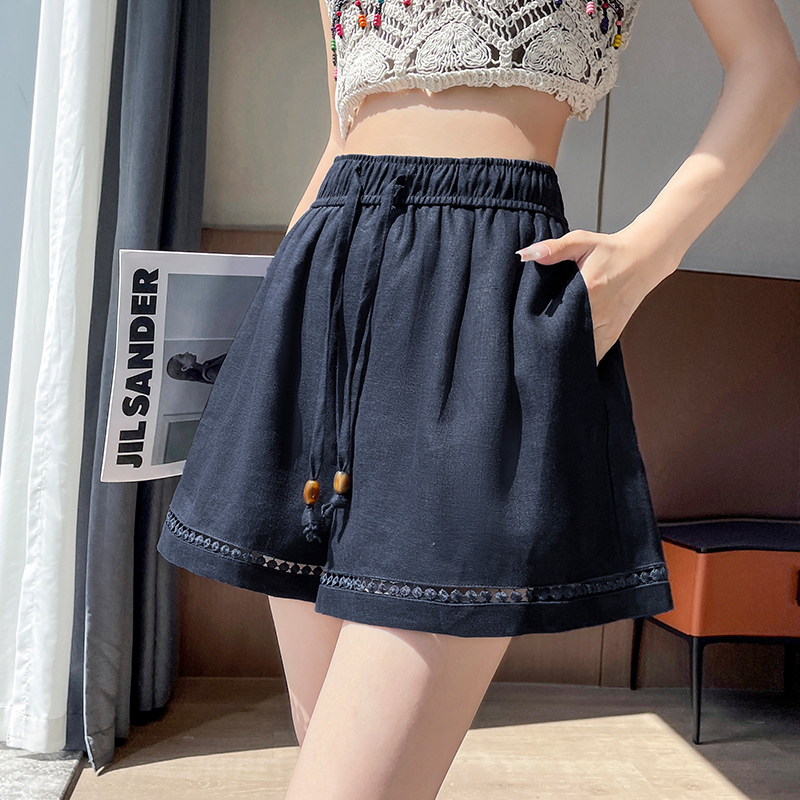 亞麻休閑短褲女夏季新款蕾絲鏤空拼接a字闊腿褲小個子寬松三分褲