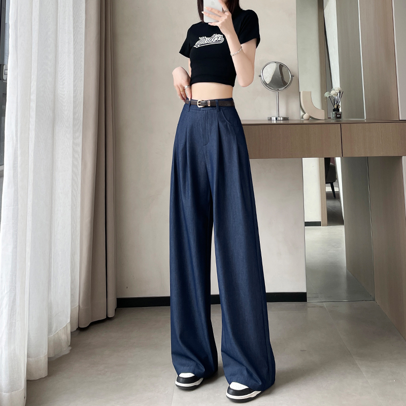 仿牛仔天絲闊腿褲女2026春夏新款垂感顯瘦高腰休閑寬松直筒拖地褲