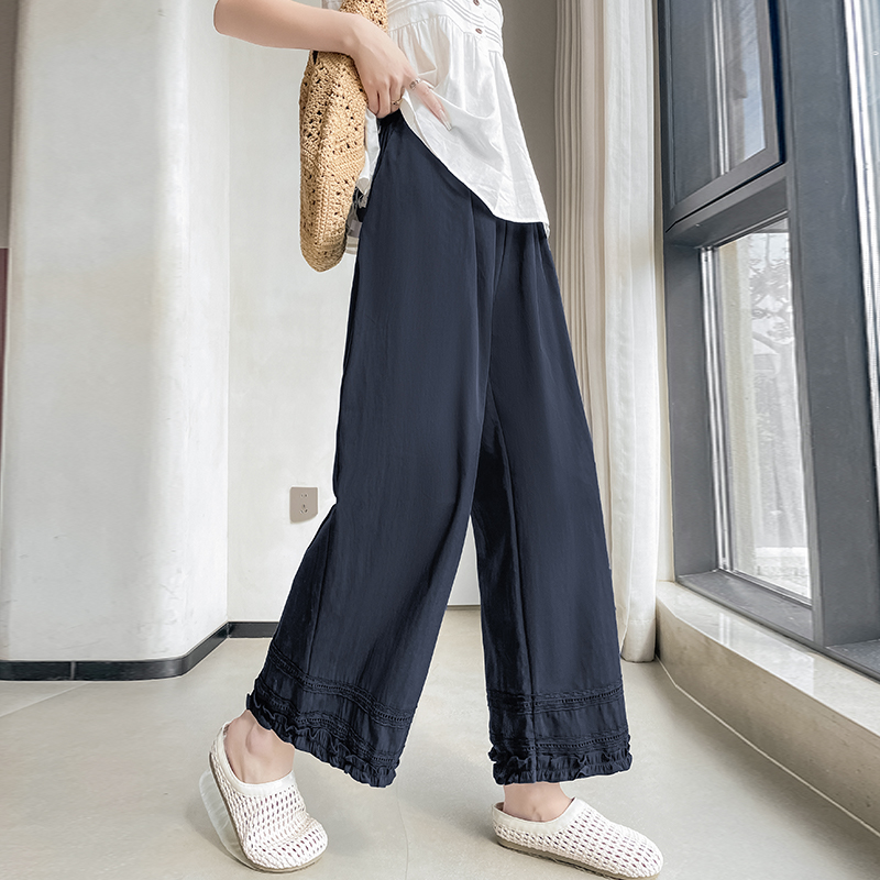 冰絲棉闊腿九分褲女夏季薄款2026新款蕾絲花邊拼接寬松直筒闊腿褲