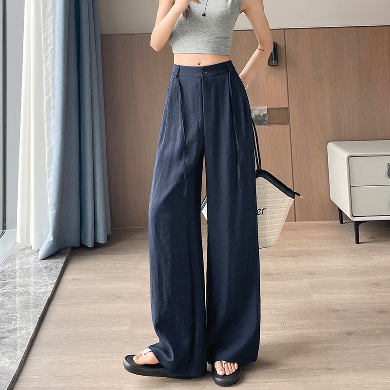 白色老錢風冰絲西裝闊腿褲女夏季薄款高腰垂感直筒棉麻休閑彎刀褲