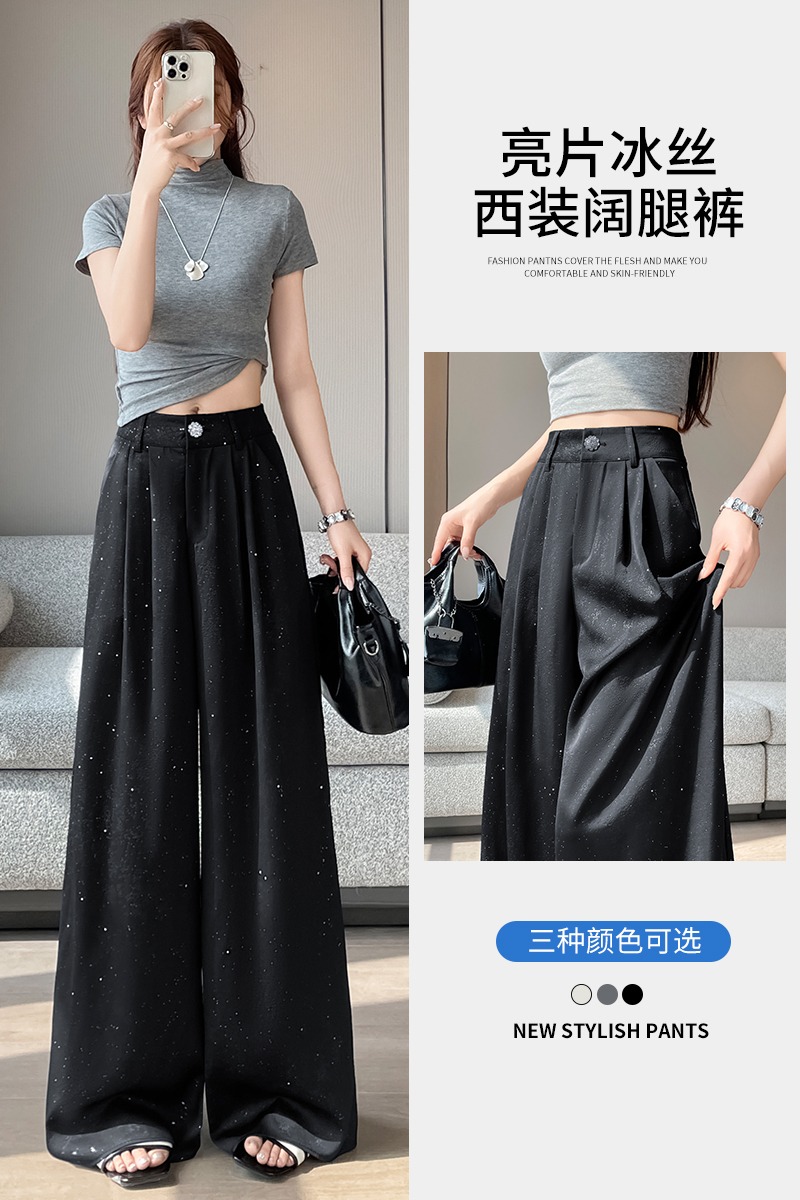 亮片西裝闊腿褲女夏季新款高腰顯瘦休閑褲垂感冰絲醋酸緞面直筒褲