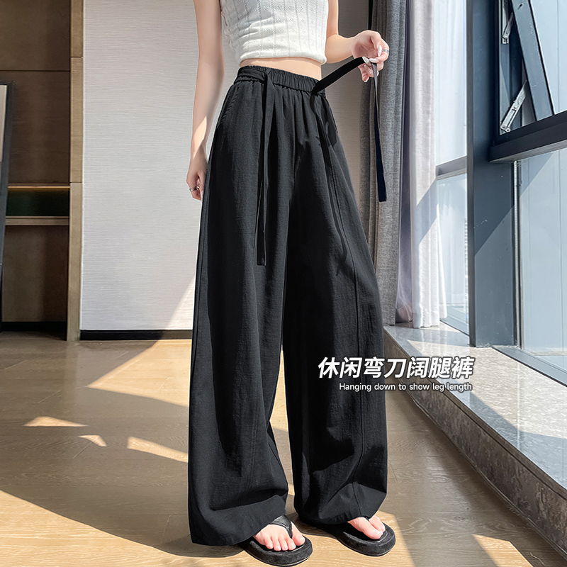 白色老錢風冰絲棉麻山本褲女夏薄款高腰顯瘦直筒褲休閑彎刀闊腿褲