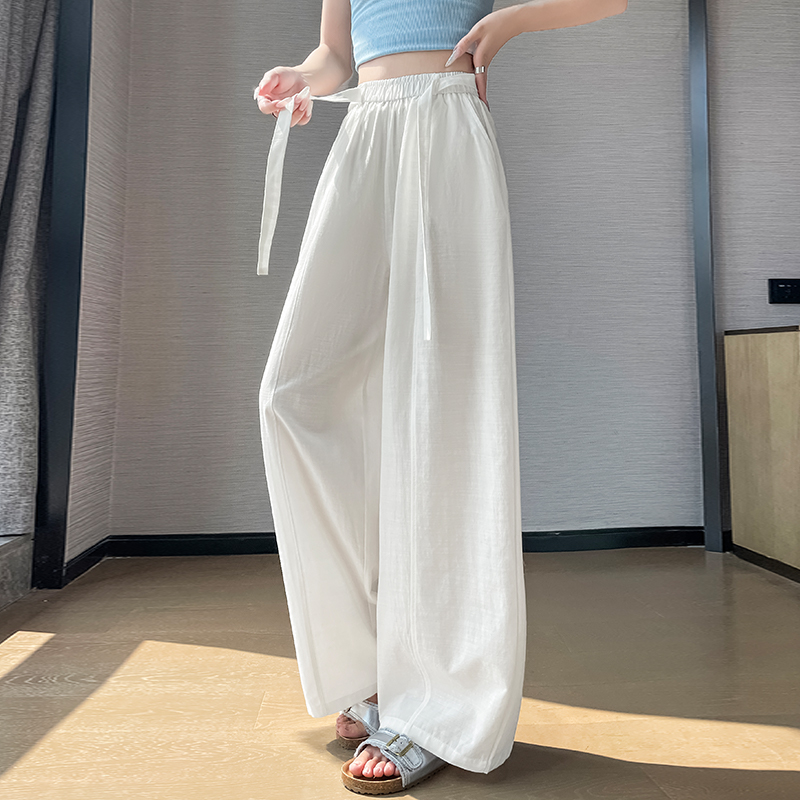 白色老錢風冰絲棉麻山本褲女夏薄款高腰顯瘦直筒褲休閑彎刀闊腿褲
