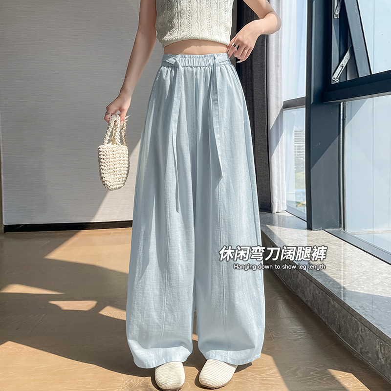 白色老錢風冰絲棉麻山本褲女夏薄款高腰顯瘦直筒褲休閑彎刀闊腿褲